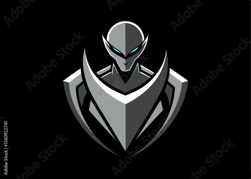 Futuristic Sentinel: A sleek, monochrome illustration depicts a futuristic sentinel, embodying both vigilance and technological prowess, set against a stark black background.