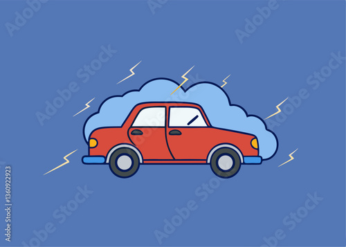 Red Car in Stormy Weather: A vibrant illustration captures a red car navigating a storm with lightning bolts and rain clouds, symbolizing resilience in adverse conditions.