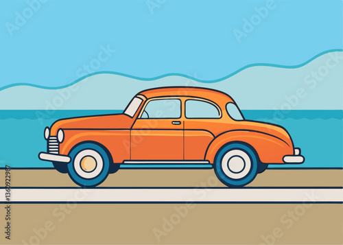 Vintage Orange Car on Road: An illustrated vintage orange car drives smoothly down the road with blue sea and sky in the background, evoking feelings of freedom and exploration. 