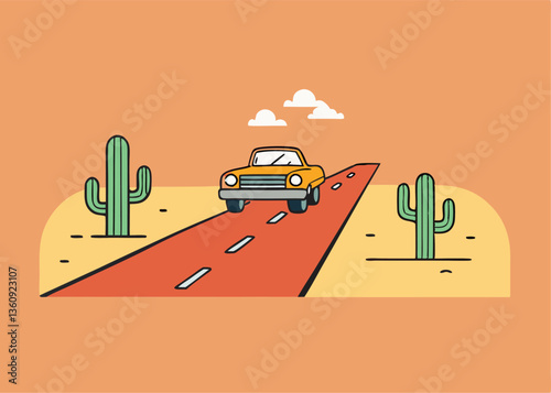 Journey through the Desert: An illustrated vintage car cruises down a straight road between desert cacti, a journey of adventure under a sunny sky.