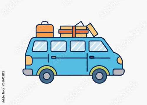 Road Trip: Illustration of a blue van loaded with luggage, ready for a road trip adventure. A fun graphic design that depicts a vacation or travel concept.