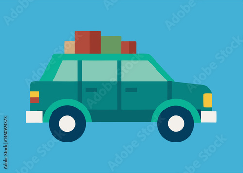 Road Trip Ready: A vibrant illustration showcases a teal-colored vehicle packed with luggage, ready for adventure and exploration. This image captures the essence of travel, journeys.