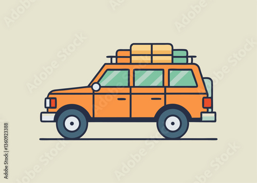Adventure-Ready Vehicle: A vibrant illustration of a rugged orange vehicle, fully equipped for an adventurous road trip with luggage and gear strapped on its roof.