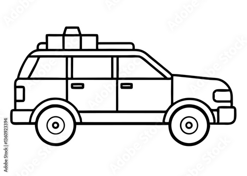 Adventure Mobile: A line-art depiction of a robust SUV, perfectly equipped for adventure, featuring luggage secured atop its roof and rugged tires, suggesting readiness for any journey. 