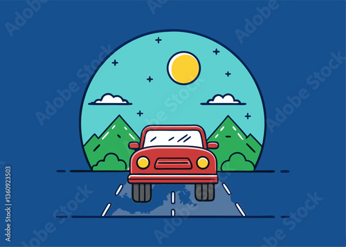 Journey's Begin: A sleek car embarking on a picturesque road trip beneath a tranquil night sky, embodying freedom and exploration.