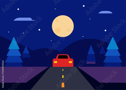Night Drive: A vibrant illustration depicts a car driving along a road under the soft glow of the moon and stars, framed by trees.