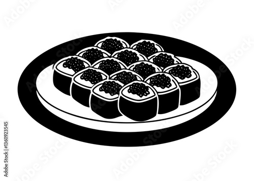Sushi Platter in monochrome: An artistic monochrome illustration of meticulously arranged sushi rolls, adorned with delicacies, on a stylish serving plate.