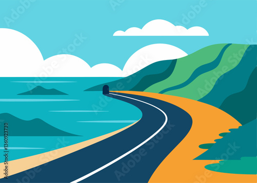 Coastal Road to Discovery: An illustrated depiction of a coastal road winding along the shoreline, with a tunnel carved into the hillside and the vast ocean extending into the horizon.