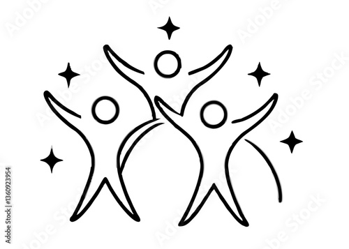 Joyful Trio Celebration: A minimal line art design of three human-like figures celebrating with arms raised, surrounded by twinkling stars, embodying joy and triumph.