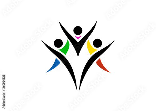 Unity in Color: An emblematic representation of togetherness, featuring stylized figures with outstretched arms, celebrating diversity and cooperation within a vibrant and dynamic community.