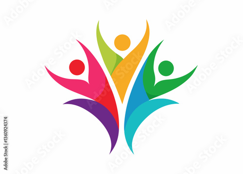 Unity in Colors: A vibrant emblem showcasing a circle of diverse figures united in celebration, their arms raised in a testament to community spirit, evoking a sense of collaboration, hope.