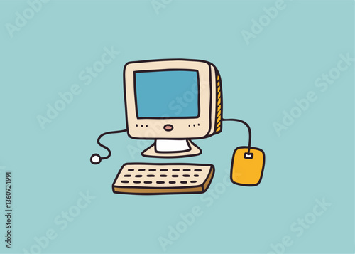 Digital Companion: A whimsical illustration depicts a charming vintage computer, keyboard, and mouse on a clean backdrop, conjuring nostalgia and the early days of computing. 