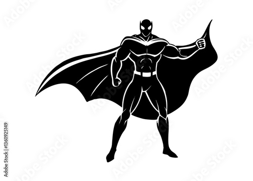 Superhero in Action: A striking monochrome illustration of a powerful superhero, radiating strength and courage, posed heroically, with a flowing cape, a symbol of hope and valor.