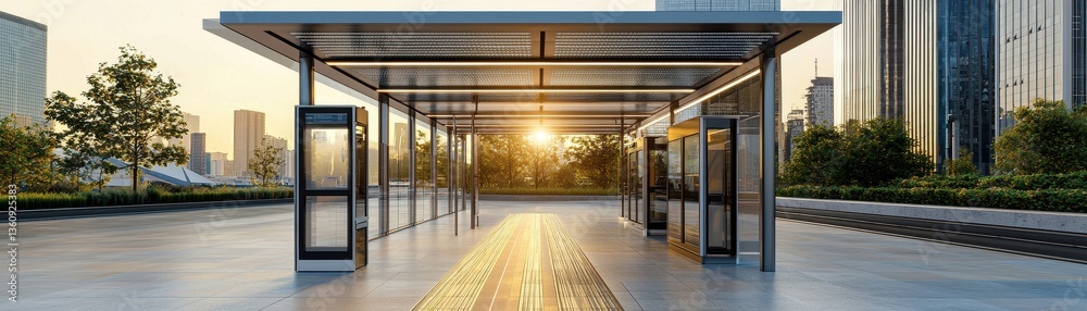 Modern bus stop design with a sleek structure, surrounded by greenery, capturing the evening sun, showcasing urban landscape and transit innovation. Modern bus stop design with a sleek structure, surrounded by greenery, capturing the evening sun, showcasing urban landscape and transit innovation.