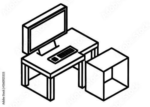Workspace Essentials: Clean and minimalist illustration of a modern workspace, featuring a sleek desk, monitor, keyboard, and a simple cubicle chair. The image conveys a sense of modern simplicity.