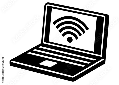 Wireless Connectivity: A black and white graphic depicts an open laptop with a prominent Wi-Fi signal icon on its screen, symbolizing connectivity and digital access.