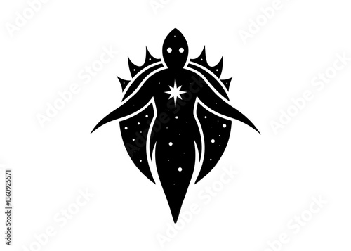 Celestial Being Icon: A captivating, silhouette of a cosmic being adorned with a radiant halo of stars, evokes mystery and wonder, standing as a striking symbol of the cosmos.