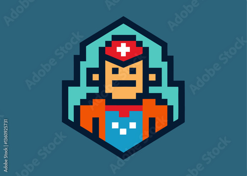 Pixelated Superhero Icon: A geometric representation of a heroic figure, rendered in a pixelated style with bold colors and sharp lines.