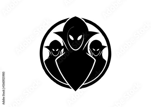 Mystery Symbol: A stylized emblem featuring three enigmatic figures, cloaked in shadow within a circular frame, creates a sense of intrigue and secrecy.