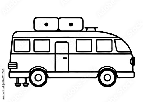 A Journey on Wheels: A minimalist, artistic representation of a camper van, ideal for travel and adventure, rendered in clean lines with an inviting, open door, embodying the spirit of exploration.