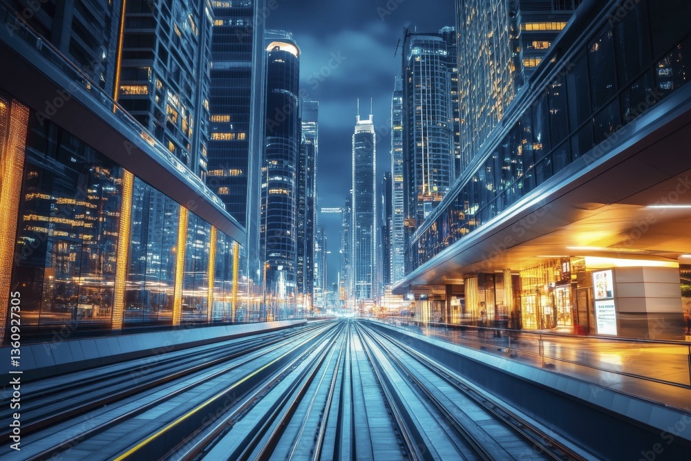Fototapeta premium Futuristic Elevated Train Tracks Between Gleaming Skyscrapers at Night