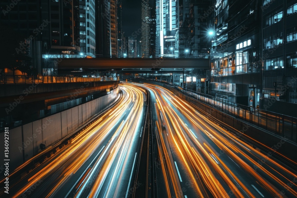 Fototapeta premium Modern Cityscape at Night with Light Trails from Cars on a Highway