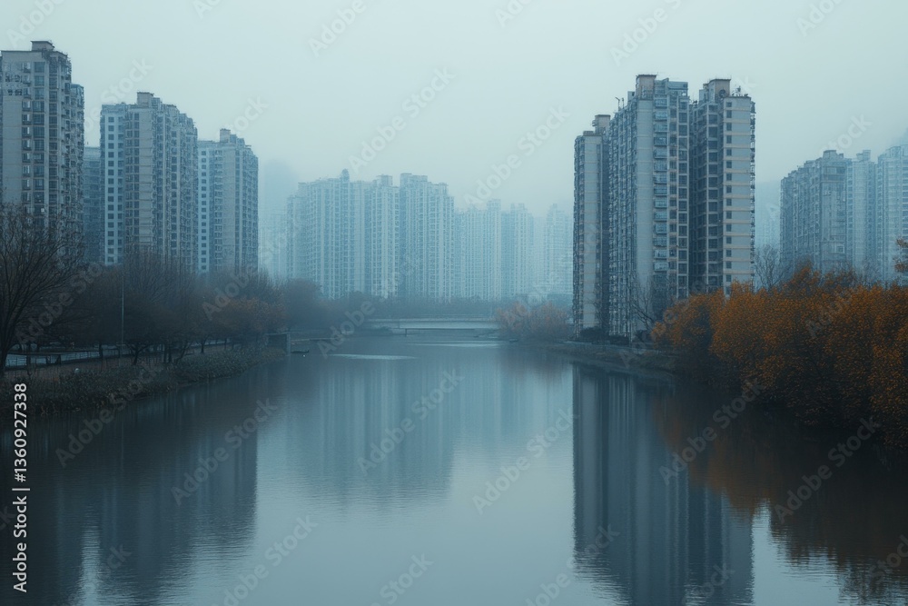 Obraz premium Foggy Urban Landscape With River Reflecting Modern Apartments and Autumn Trees