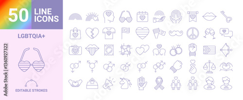 Gay pride month icon collection set of 50, celebrate diversity with LGBTQ symbols, simple outline vector design