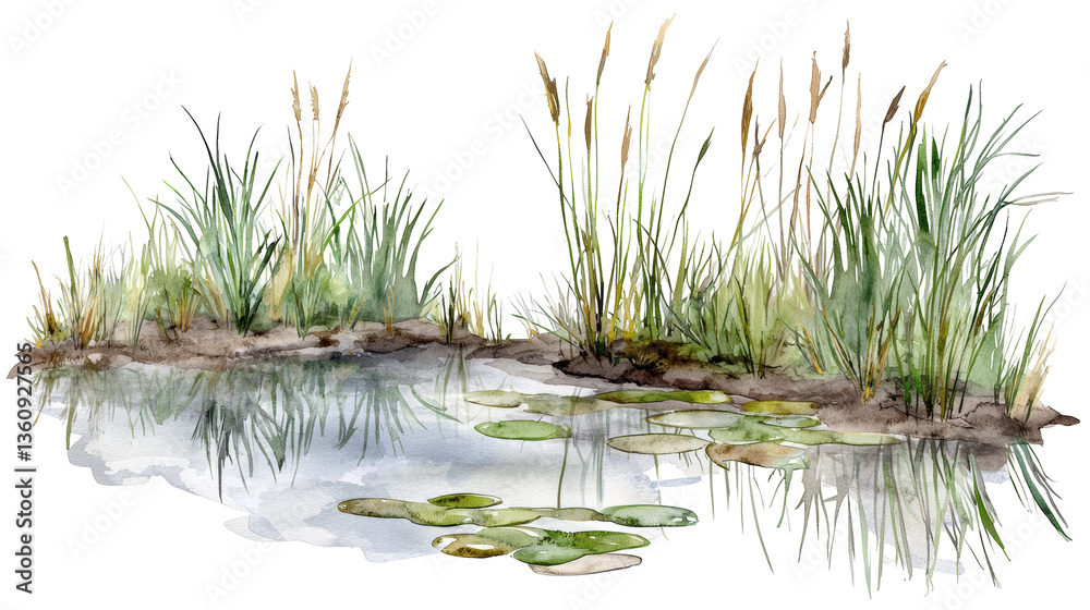 Obraz premium Tranquil wetland scene with reeds and grasses reflected in the calm water