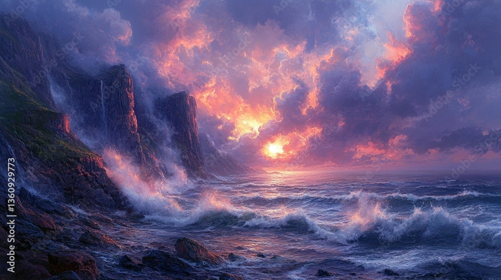 Fototapeta premium Dramatic sunset over rocky coastline with crashing waves.