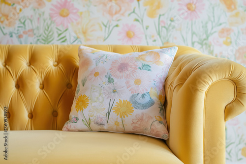 pastel Yellow Sofa with Floral Pillow and Bloom Wallpaper
