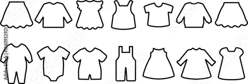 Baby clothes line icons set. Bodysuit, coverall, buster suit, newborn nest isolated on transparent background
