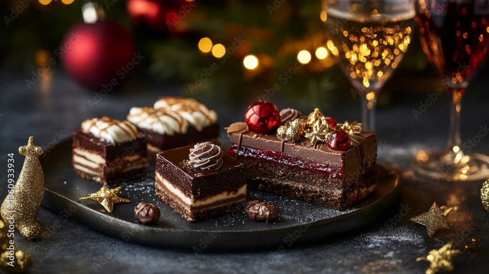 A beautifully arranged platter of assorted chocolate desserts featuring layers of rich chocolate, cream, and festive decorations perfect for holiday celebrations.