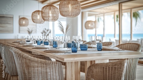 A beautifully designed dining room featuring wicker chairs, glassware, and coastal decor that enhance the serene atmosphere of the beachside environment.