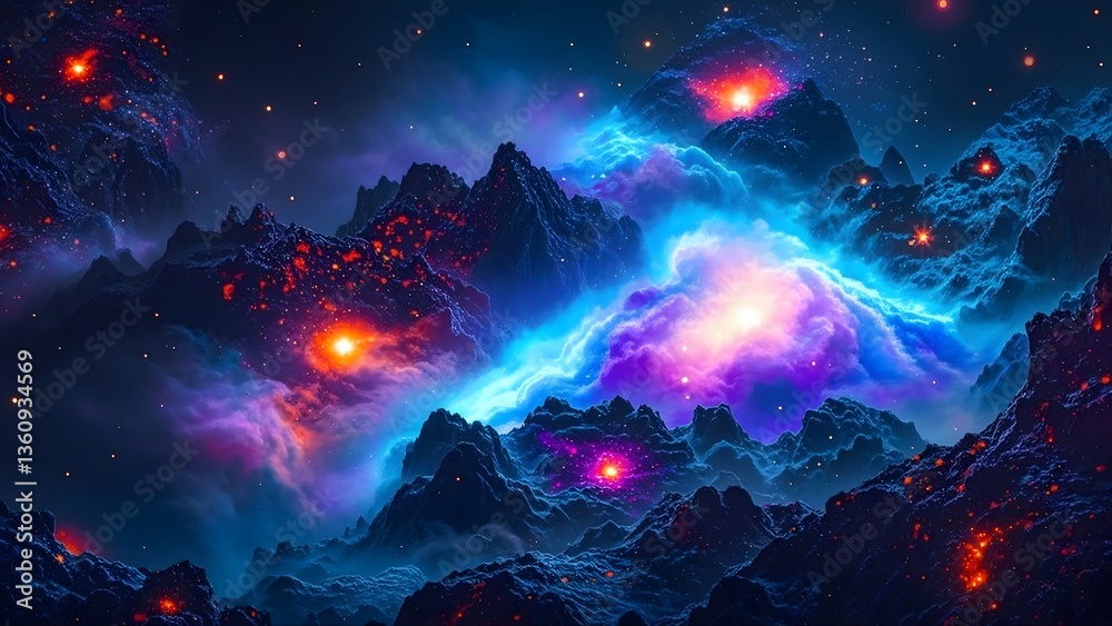Obraz premium Cosmic Nebula Over Mountain Peaks with Starry Sky