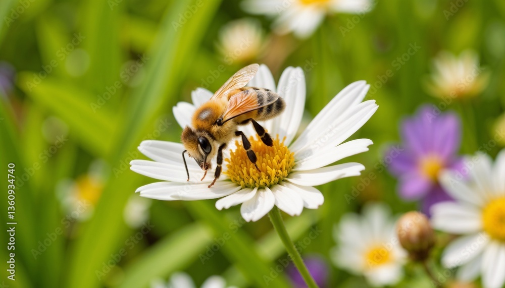 Honeybee on flower collecting nectar in a vibrant garden Honeybee on flower collecting nectar in a vibrant garden
