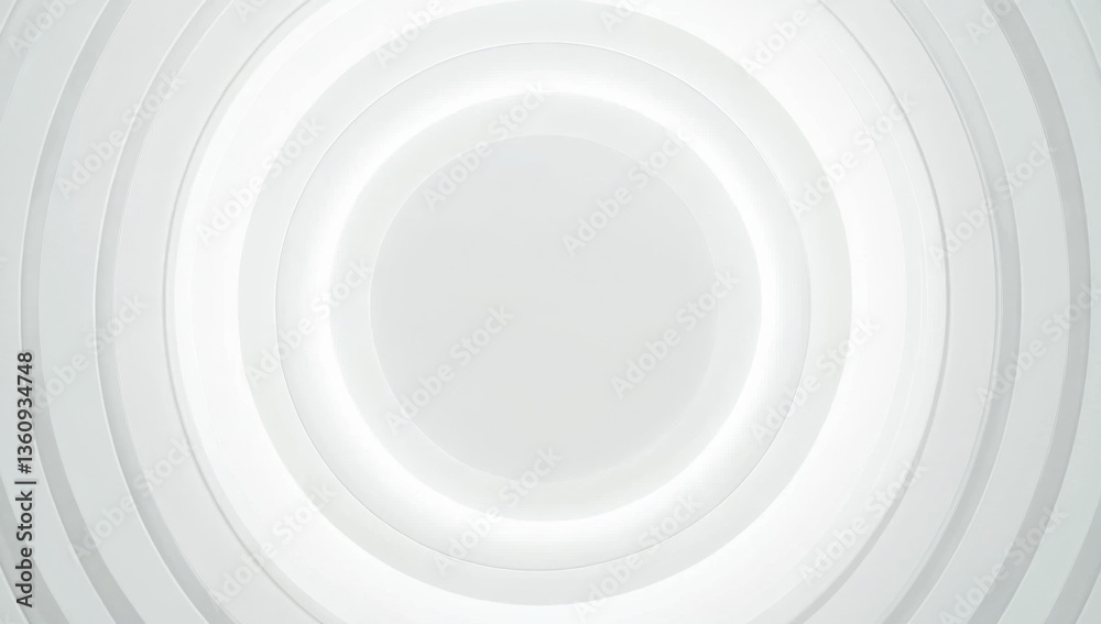 Fototapeta premium Concentric randomly offset white rings or circles steps fading out background wallpaper banner, close up flat lay top view from above. abstract modern minimal white background 