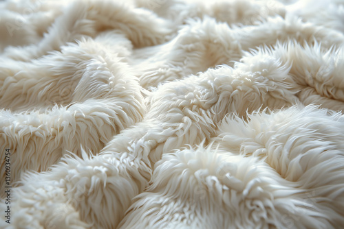 Soft white faux fur texture with gentle waves and ripples creates cozy, luxurious background for winter fashion, home decor and comfort concepts.