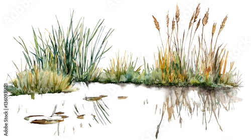 Tranquil wetland scene with reeds in watercolor