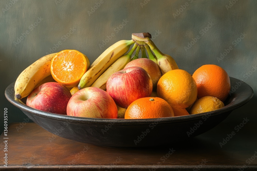 Still life fruit bowl on wooden table, displaying oranges, apples, bananas, and citrus in antique style Still life fruit bowl on wooden table, displaying oranges, apples, bananas, and citrus in antique style