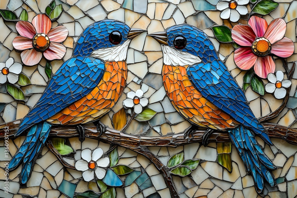 Obraz premium Colorful mosaic artwork featuring pair of kingfisher birds with blue and orange plumage perched on branch, surrounded by pink flowers and white daisies on textured background.