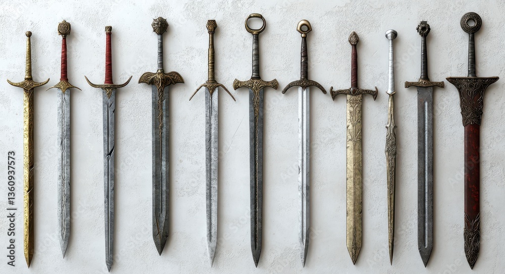 Collection of Ornate Medieval Swords on White Stone Background Collection of Ornate Medieval Swords on White Stone Background