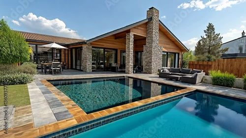 Wallpaper Mural Aerial footage of a rustic-style modern house with wood and stone with a swimming pool Torontodigital.ca