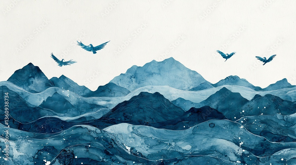 Fototapeta premium Electric blue quill drawing monochrome mountain range creation mythology