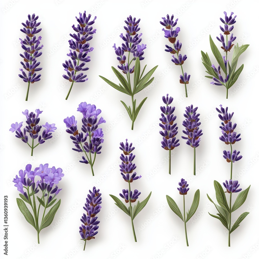 Naklejka premium Purple Lavender Flowers Botanical Illustration Set White Background