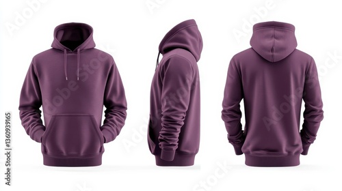 Purple Hoodie Mockup Front, Side, and Back Views on White Background