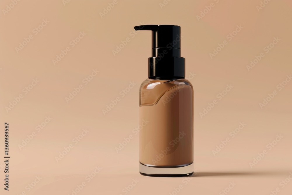 A sleek bottle of foundation with a black pump on a soft beige background, highlighting makeup products for beauty routines A sleek bottle of foundation with a black pump on a soft beige background, highlighting makeup products for beauty routines