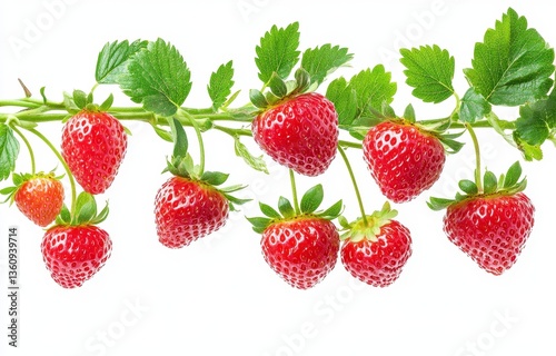 Ripe Red Strawberries on Vine with Green Leaves on White Background