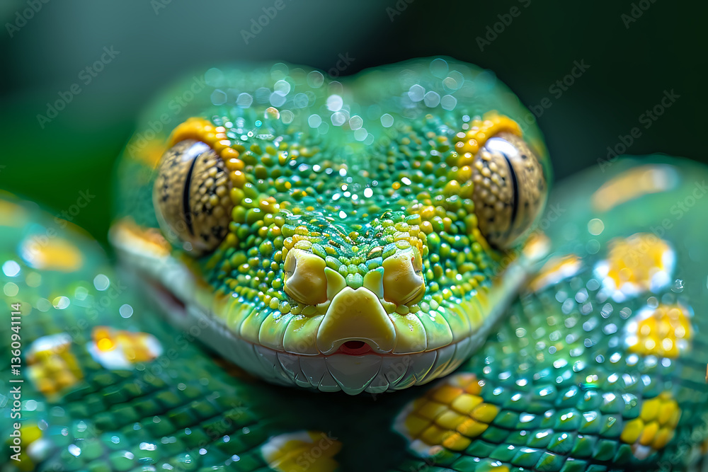 Fototapeta premium Extreme close-up of green tree python face showing detailed scales, mesmerizing yellow eyes and water droplets creating sparkle effect against dark background.