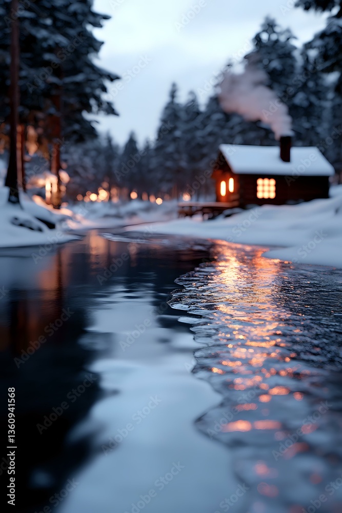 Cozy wooden cabin with glowing windows reflects in partially frozen lake at dusk, surrounded by snow-covered pine forest creating magical winter atmosphere. Cozy wooden cabin with glowing windows reflects in partially frozen lake at dusk, surrounded by snow-covered pine forest creating magical winter atmosphere.